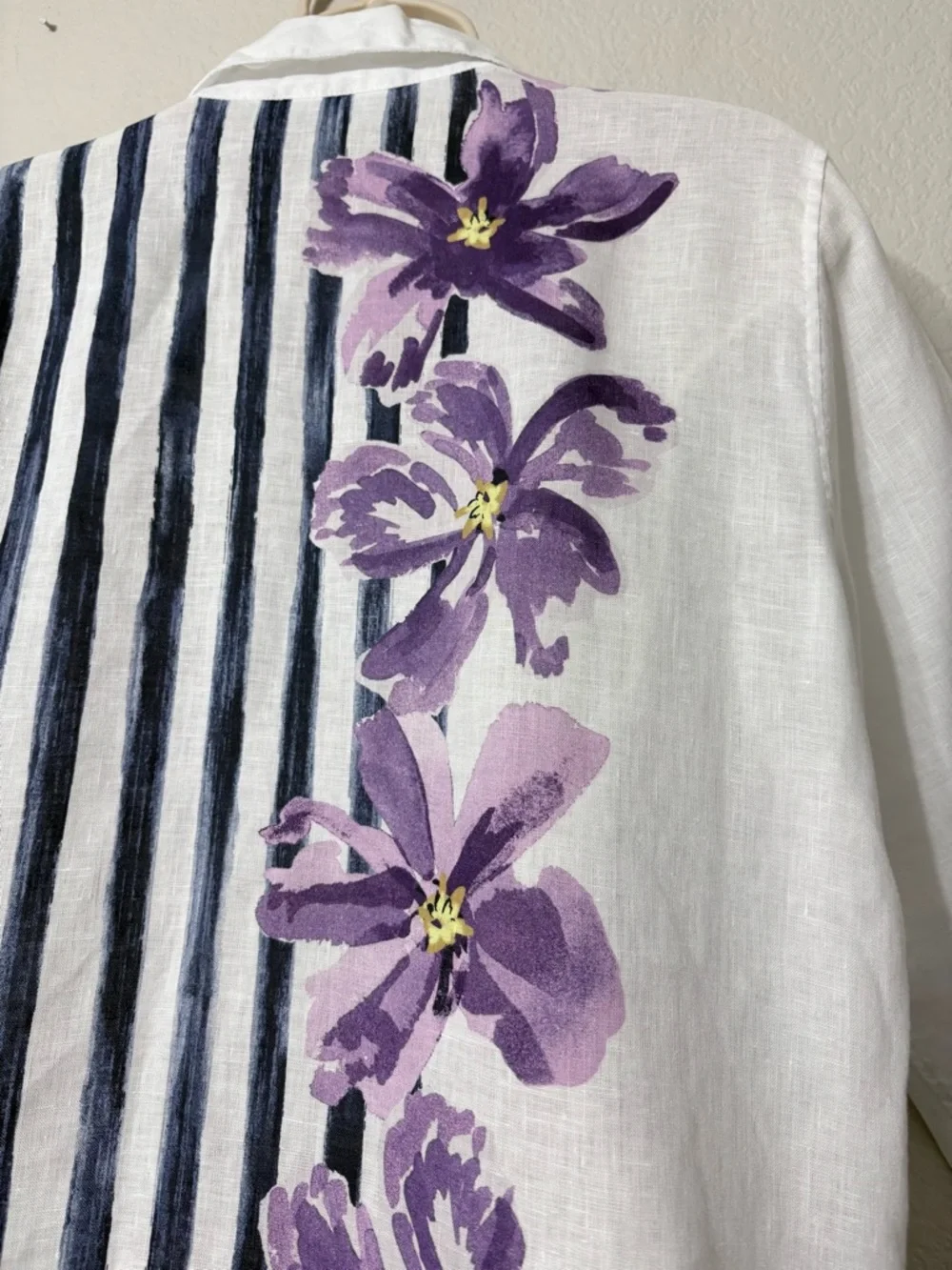 Chico’s Button-Down Linen Shirt with Purple Floral & Navy Stripe Roll Tab Sleeve - Picture 9 of 15